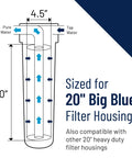Diagram of Beefy Clear Whole-House Filter Housing 20-inch sump, 4.5-inch diameter for 20-inch cartridges, flow directions