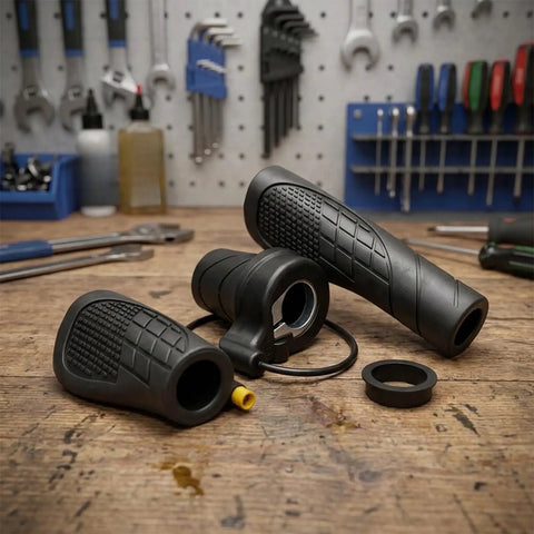 Upgrade Your E-Bike Ride With This 20X Half Turn Throttle Grip Featuring Cool M8 Head Design And Slick Anti-Slip Texture For Nail-It Precision Control Smooth Power Delivery Guaranteed. black e-bike throttle grips on workbench