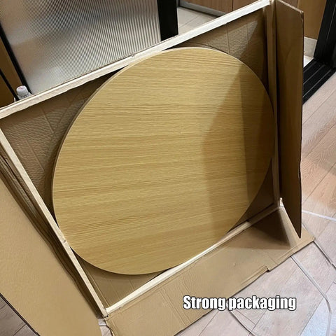 Thick 80cm Lazy Susan Turntable With Black Wood Grain Base packed in strong packaging, showcasing the round wooden tray inside a box.
