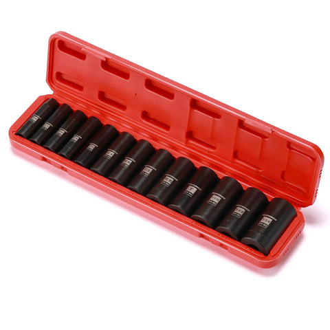 Pro Grade One Half Inch Drive Deep Impact Socket Set, 29-Piece CR-Mo Steel Kit With Metric And SAE Sizes in red storage case