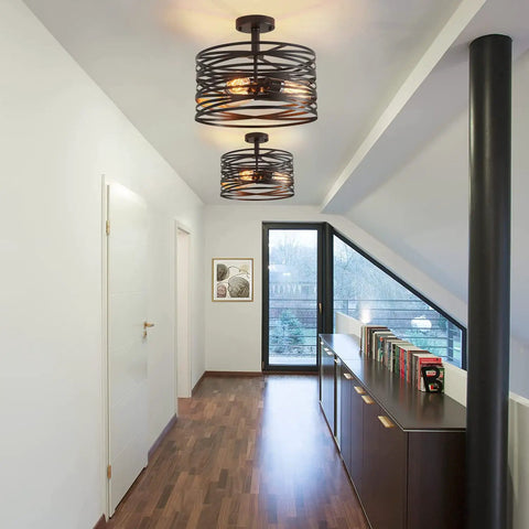 Industrial Semi Flush Mount Ceiling Light With 3 Light Vintage Chandelier in black rustic metal fixture in modern hallway