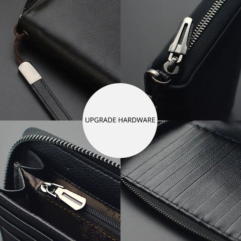 Close-up of Women RFID Blocking Leather Wallet Zip Around Phone Clutch with black leather and detailed hardware zippers