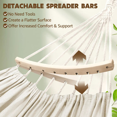 Cotton Hammock For Chill Sessions Up To 660 Lbs 8.9 By 4.9 Ft Portable Indoor Outdoor Backyard Camping Setup With Detachable Spreader Bar