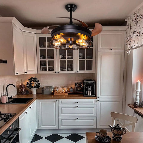 Retractable Blades Ceiling Fan With Lights And Remote Dope Rustic Industrial Style for farmhouse kitchen, black 36 inch