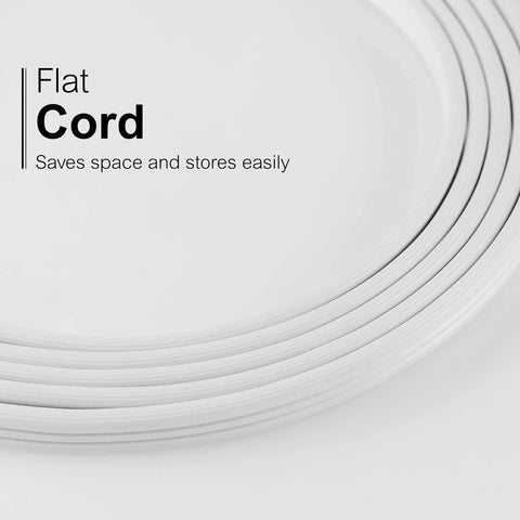 Heavy Duty Three Outlet Flat Extension Cord 3 Feet Long Grounded Power Cable With Secure Three Prong Plugs For Home Office Setup and Sleek Under Desk Layout, showing flat cord coils.