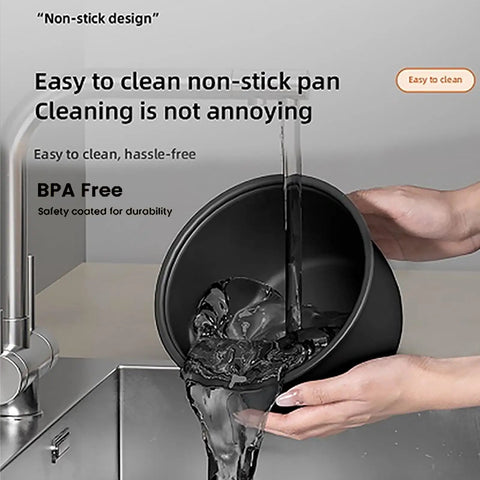 Hands washing inner pot of Compact 2.1 Quart Smart Rice Cooker With Steamer Basket, BPA-free non-stick surface visible