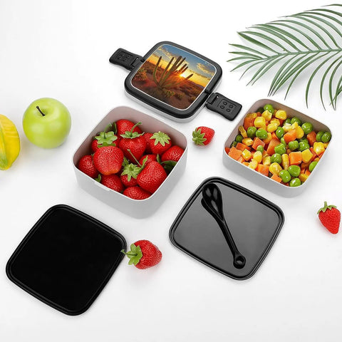 Sunset Cactus Desert Themed Two Compartment Lunch Box With Lids 550ml Lower 450ml Upper Leak Proof Reusable