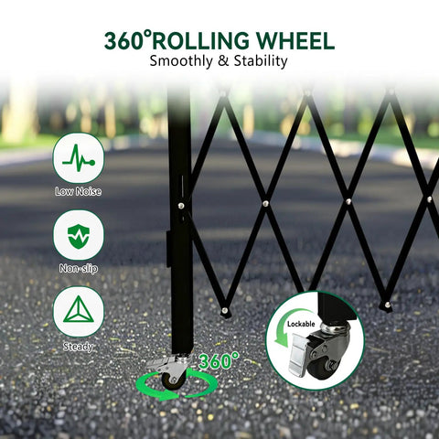 360 swivel caster of Tough As Nails Folding Security Gate With Lockable Scissor Design for stability on pavement.