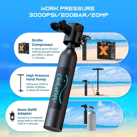 Ultra Portable Mini Scuba Tank With Pump For Snorkeling And Training, 0.5L Lung Tank, features compressor, hand pump, adapter.