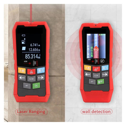 Heavy Duty Wall Detector Scanner And Real Deal Stud Finder features laser ranging and wall detection on its LCD display.