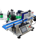 Quick Turnaround Automatic Round Bottle Labeler Processes Twenty To Two Hundred Units Per Minute Fits Wine Cans And Cosmetics with blue conveyor.