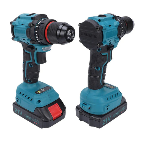 Badass Cordless Drill with Brushless Motor 55Nm Torque 25 Plus 1 Settings Dual Speed 0 to 1500RPM Metal Chuck in teal color with battery.