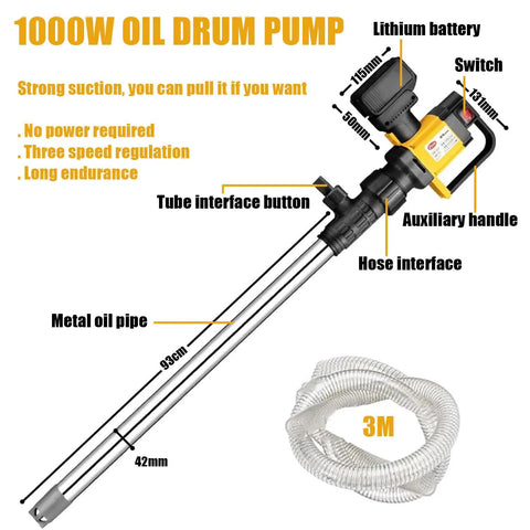 Exploded view of Heavy Duty 1000W Electric Drum Pump With 36V Rechargeable Battery, includes hose and metal oil pipe measurements.