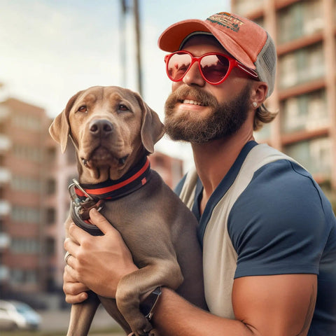 Man in saffron hat holding dog, wearing Saffron Go-To Outdoor Baseball Hat For RV Lovers And Camper Road Trips