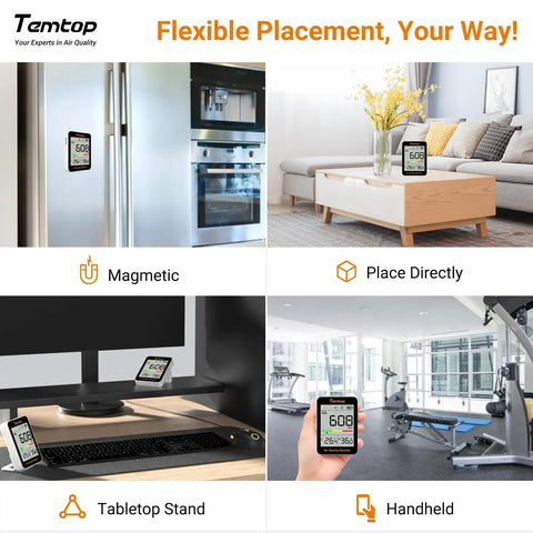 Portable CO2 Meter For Sharp Indoor Air Quality Tracks Temperature And Humidity With Smooth NDIR Sensors To Keep Your Home Or Office Vibe Fresh And Healthy No Sweat Ever At All, shown in various placements.