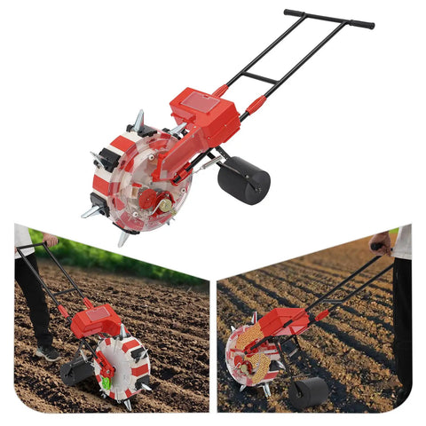 Walk Behind Garden Seeder Tool With 7 Nozzles, Roller Planter for soy, peanut, and corn, durable iron and plastic in use