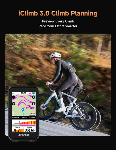 Cyclist riding on road next to BiNavi Air Bike Computer With 3.0 Inch Touchscreen Display, Maps And Voice Navigation, showing climb data