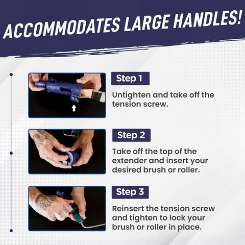 Steps for using Multi Angle Paint Brush Extender Pole Kit With Rotating Head And Secure Grip For Reaching Ceilings High Walls And Corner Edges Fits Brushes Rollers And Scrapers Blue shown in three images.