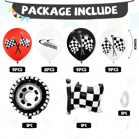 Lit Race Car Balloons Checkered Flag And Tire Balloons Red Black White Latex 12 Inch 35 Piece Party Decor Kit Package