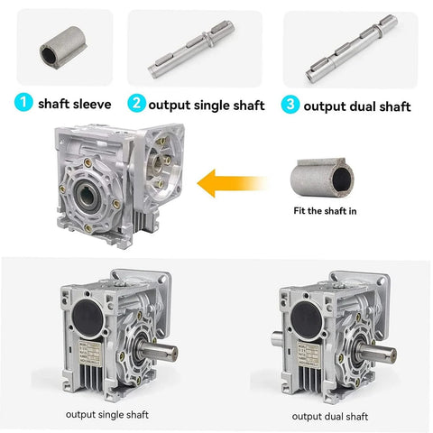 NMRV040 30:1 worm gearbox for NEMA34 motors with single and dual output shafts options.