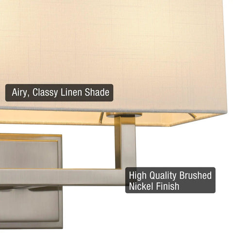 Close-up of Haven 16 Inch 2 Light Totally Chic Modern Wall Sconce with white fabric shade and brushed nickel finish detail.