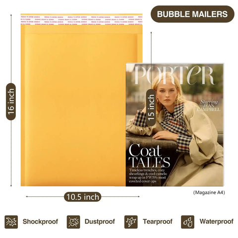 Yellow Kraft Bubble Mailers 25 Pack Self Sealing Padded Envelopes 10.5 By 16 Inch Outer Size With Usable 10.5 By 15 Inch Inner Size showing size comparison with magazine