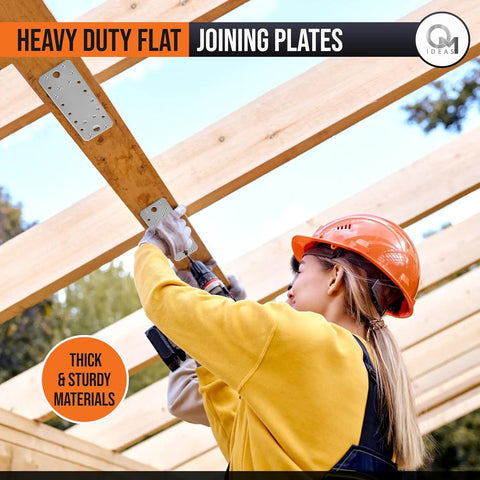 Heavy Duty Flat Joining Plates With Perforated Braces For Timber Wood And Metal Galvanized Steel Fixing Repair Connector 10 Pack installed on timber beams.