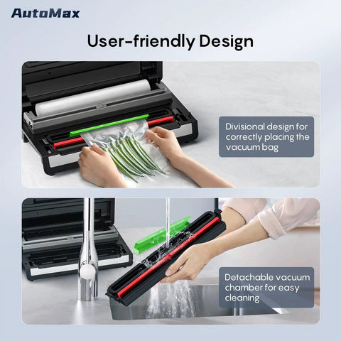 High Power Auto Vacuum Sealer With 95KPa Vacuum showing bag placement and cleaning of detachable chamber