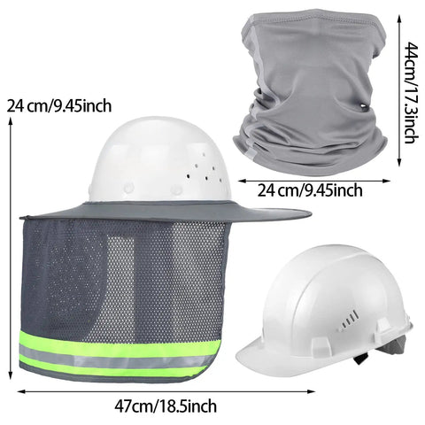 Two Piece Hard Hat Sun Shade With Full Brim Visor And Mesh Neck Gaiter High Visibility Reflective Bandana Face Scarf For Construction Helmets Grey On Job Sites, showing dimensions and components