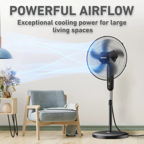 18 Inch Oscillating Stand Fan in living room, cranks out powerful airflow up to 2120 CFM, wide 80 degree oscillation, black
