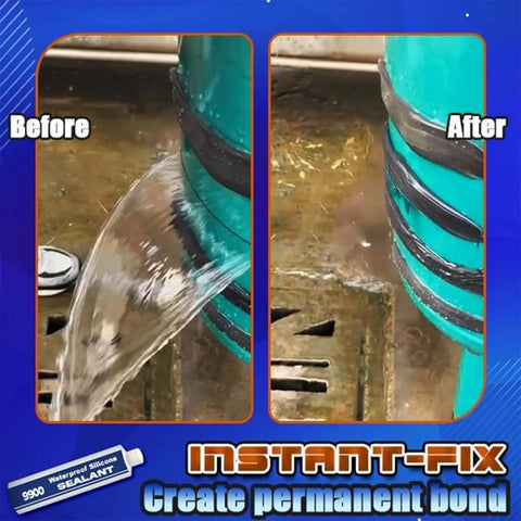 Before and after images showing leak repair on a pipe using Premium 9900 Waterproof Sealant Glue Provides Ultra Strong Multi Surface Adhesion For All Your Diy Needs With Durable Polymer Formula That Locks Out Moisture And Shields Joints From Harsh Weather Conditions Over Time.