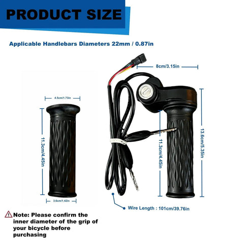 Full Twist Ebike Throttle With Key Lock, Waterproof 3 Pin Design, Easy Install 22mm Handlebar Fit, Anti Slip Grips shown