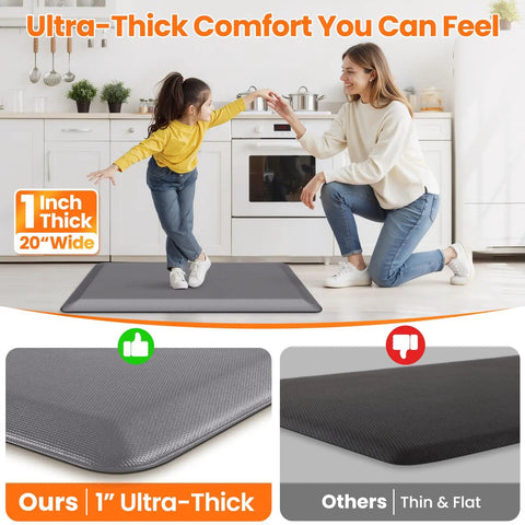 Ultra thick 1 inch anti fatigue kitchen mat in grey, 20x39 inches, non slip waterproof design, perfect for comfort and durability.