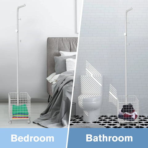 Smooth Rolling Garment Rack With Heavy Duty Hooks And Metal Basket, Versatile Freestanding Clothes Organizer For Entryway Or Laundry Room, Space Savvy White Hanging Rack That Rolls Around Easy in bedroom and bathroom settings.