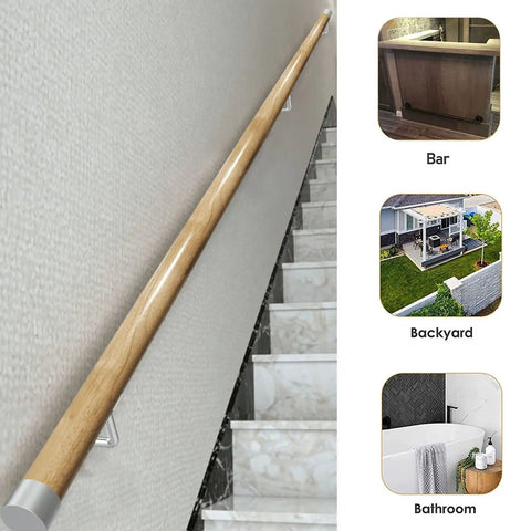 Dead Simple Install With Kickass Grip Premium Non Slip Solid Wood Wall Mount Shelf Bracket Kit Featuring Round Indoor Wooden Supports For Versatile Home Makeover 400cm on a staircase.