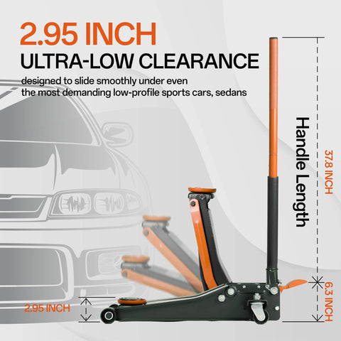 Maxority 3-Ton low-profile hydraulic floor jack; steel body with orange handle, side view