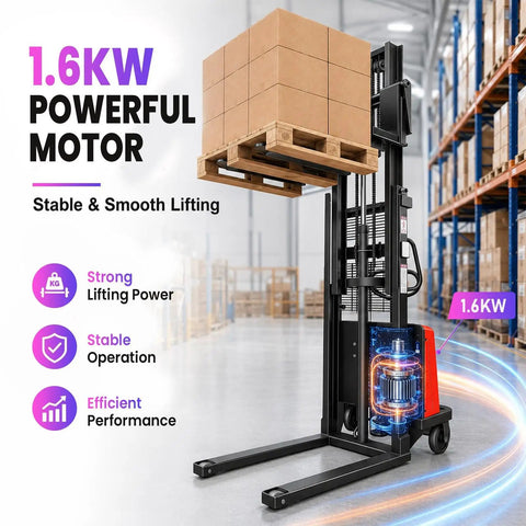 Heavy Duty 3300 Lbs Electric Pallet Stacker With Manual Push Handles For No Sweat Warehouse Loading and Industrial Grade Material Handling Rigs Built To Last showing 1.6KW motor lifting a pallet.
