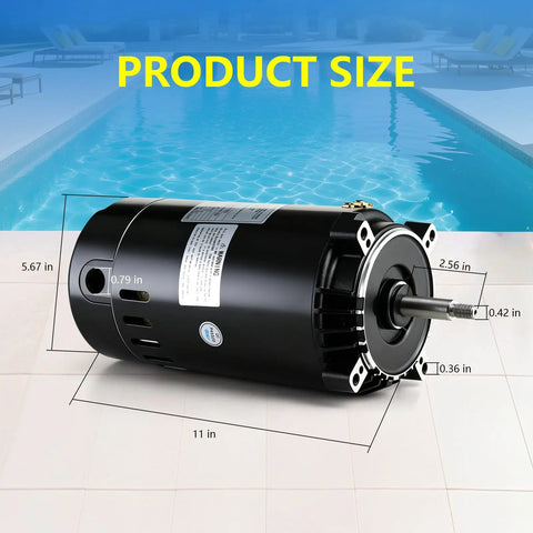 Heavy Duty One Horsepower Swimming Pool Pump Motor Drop In Replacement For Hayward And Jacuzzi Pumps, size dimensions shown.