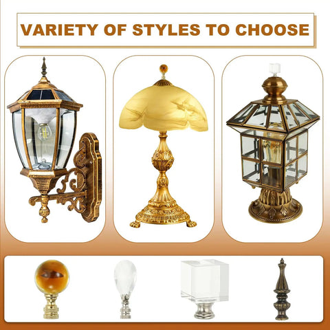 Variety of styles including Crystal Ball Lamp Finial Cap 1/4-27 Thread Gold Tone Metal Decor for lampshade harp knobs.