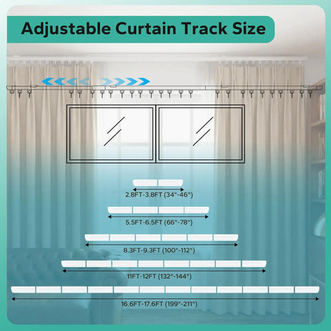 Retractable Ceiling Curtain Track Kit 11 To 12 Foot Aluminum White Rod System With Adjustable Length, shown in living room
