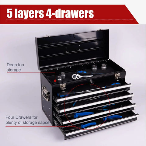 21 Inch Heavy Hitter Metal Tool Box With Four Smooth Drawers And Tight Auto Latching Steel Tool Chest Built Legit For Shop Grind And Weekend Warrior Gear Black showing open lid and four drawers with tools inside.
