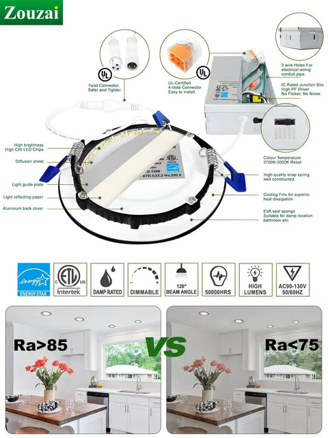 Infographic showing 12 Pack 6 Inch Black LED Recessed Ceiling Lights With Junction Box, 5 CCT Selectable features, and certifications.