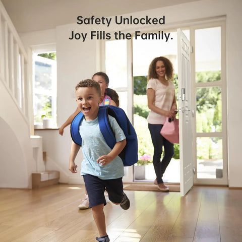 Slick Keyless Smart Deadbolt With Lightning Fast Fingerprint Reader And Digital Keypad For Heavy Duty Home Security Plus Remote App Access That Delivers Pure Convenience And Absolute Zero Sweat Daily, family entering a home.