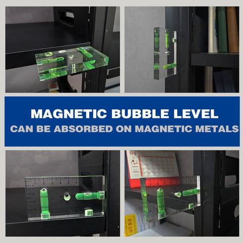 Rock Solid 95mm Magnetic Torpedo Level Packs Dual Bubble Vials on a shelf with green vials and ruler visible, demonstrating magnetic fit.