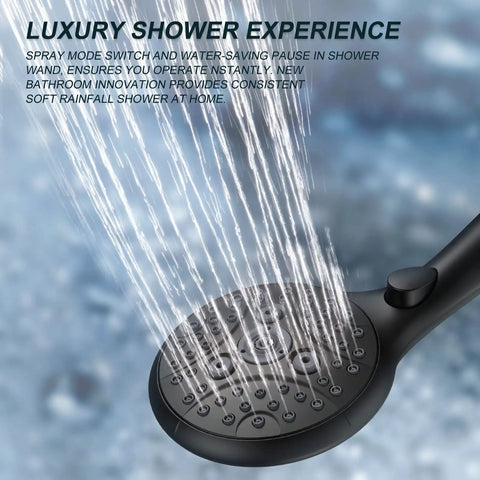 Close-up of water spraying from 7 Setting Handheld Shower Head With On Off Pause Switch For No Fuss Water Control High Pressure 4.8 Inch Shower Head 71 Inch Hose Angle Adjustable Holder Matte Black Water Saving Modes.
