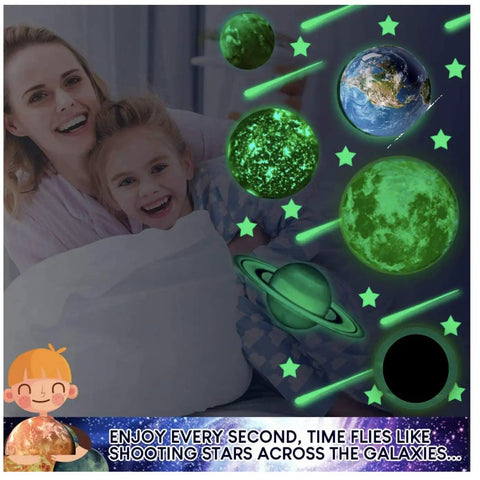 Glow In The Dark Stars And Planets Ceiling Decals Kit With Over 185 Pieces including kids enjoying space-themed decor
