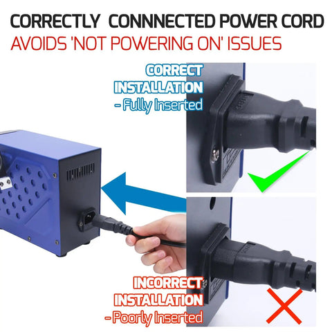 Image showing correct versus incorrect power cord installation for Pro Grade Hot Air Rework Station With Detachable Soldering Gun.