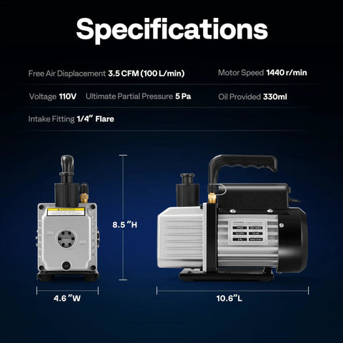 Specifications of Single Stage HVAC Vacuum Pump 3.5 CFM One Quarter Horsepower 110V with dimensions and features