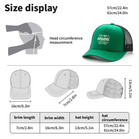 Im Not Arguing Im Just Explaining Why Im Right Funny Trucker Hat For Women size chart with dimensions