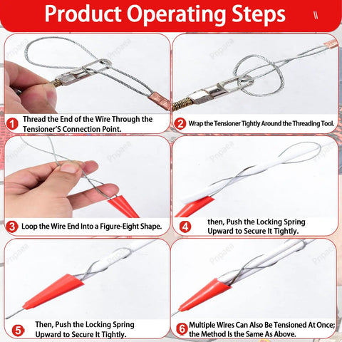 Image showing steps for using the No Sweat Cordless Wire Puller With Automatic Threader and Battery Charger for effective wire routing.